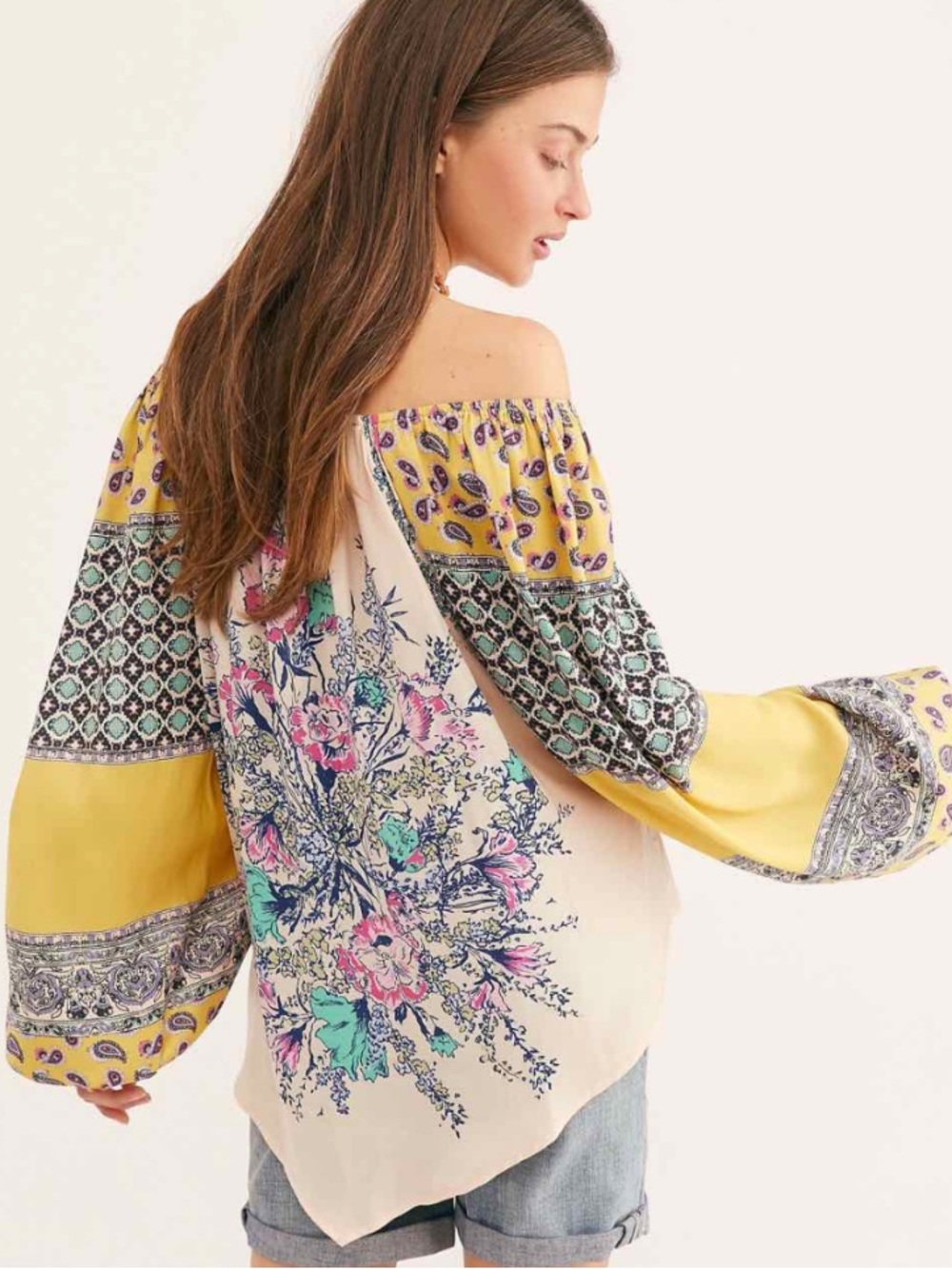 Free People Yellow & Cream Off-Shoulder Floral Patchwork Tunic